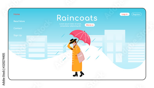 Raincoats landing page flat color vector template. Rainywear homepage layout. Fashionable woman with bag and umbrella one page website interface with cartoon character. Rainy day web banner, webpage