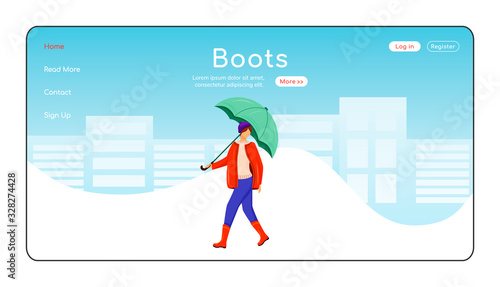 Boots landing page flat color vector template. Female with umbrella homepage layout. Wet weather one page website interface with cartoon character. Walking lady in gumboots web banner, webpage
