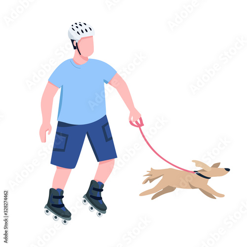 Roller skater with dog flat color vector faceless character. Young rollerblader riding with canine pet, companion isolated cartoon illustration for web graphic design and animation