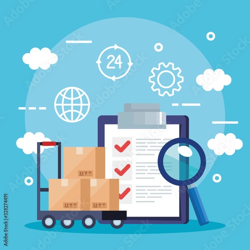 Boxes over cart list document and lupe design, Delivery logistics transportation shipping service warehouse industry and global theme Vector illustration