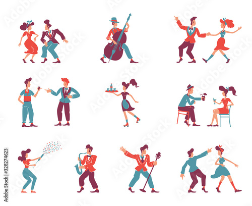 Rockabilly style people flat color vector faceless characters set. 1950s women and men. Old fashioned party dancers  jazz musicians  singers isolated cartoon illustrations on white background