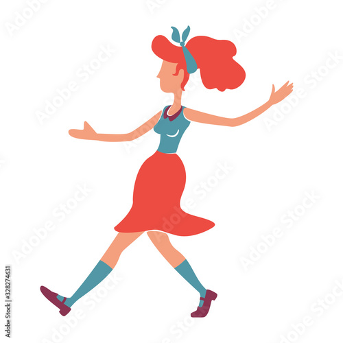 Red haired girl dancing flat color vector faceless character. 1950s style woman in rock n roll pose. Stylish olf fashioned caucasian lady. Boogie woogie dancer isolated cartoon illustration