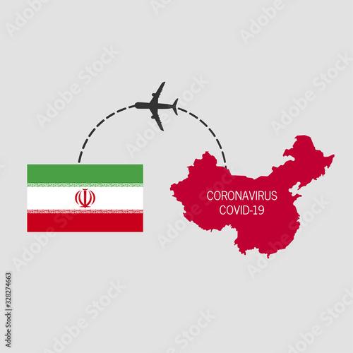 Covid-19, middle East respiratory syndrome coronavirus, icon of departure of coronavirus-charged plane from China and arriving in Iran.