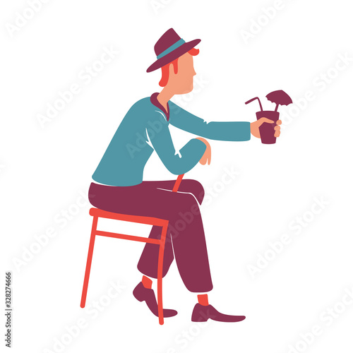 Retro style guy drinking cocktail flat color vector faceless character. Male handsome in 1940s clothing person. Old fashioned 50s man sitting on chair with alcohol drink isolated cartoon illustration