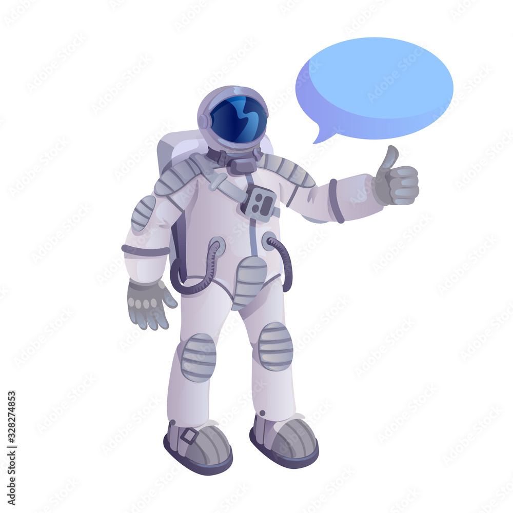 Astronaut showing thumb up flat cartoon vector illustration. Spaceman. Ready to use 2d character template for commercial, animation, printing design. Isolated comic hero with empty speech bubble