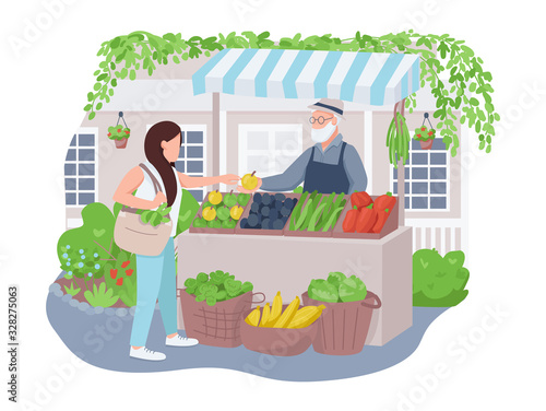 Vegetable market 2D vector web banner, poster. Organic products seller and buyer flat characters on cartoon background. Eco friendly produce, street trading printable patches, colorful web elements