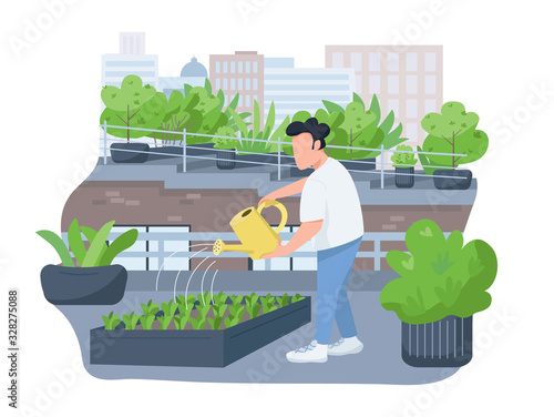 Plants watering 2D vector web banner, poster. Man holding watering can, horticulturist flat character on cartoon background. Growing greenery on house roof printable patches, colorful web elements