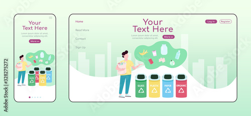 Trash sorting adaptive landing page flat color vector template. Zero waste lifestyle, garbage segregation and recycling mobile and PC homepage layout, one page website UI Webpage cross platform design