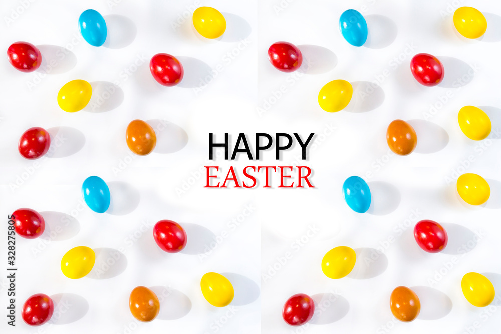 Beautiful happy easter card with eggs. A pattern of painted yellow, blue and red eggs on a white background	