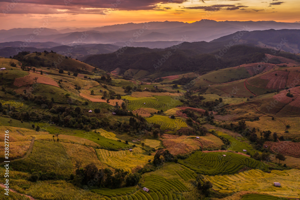 Scenics view of terrace field on hills