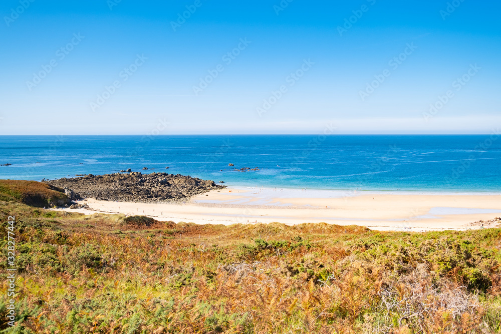 Beach Pit on Breton coastline in France Frehel Cape region with its sand, rocks and moorland in summer. Beach Pit on Breton coastline in France Frehel Cape region with its sand, rocks and moorland in summer.