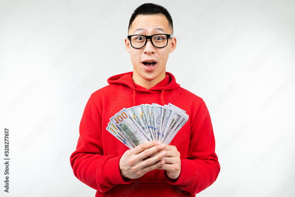 man received a cash prize on a white background with copy space man received a cash prize on a white background with copy space