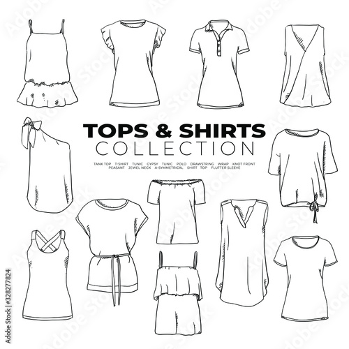 Doodle set of Tops & Shirts Collection – Tank Top, T-shirt, Tunic, gypsy, Polo, wrap, knot front, jewel neck, shirt, top, hand-drawn. Vector sketch illustration isolated over white background.