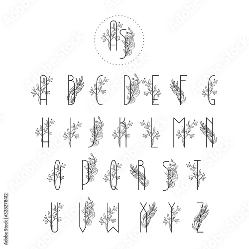Summer or spring floral font. Floral vintage uppercase alphabet logo. Wedding invitation template, Elegant letters with branch of tree