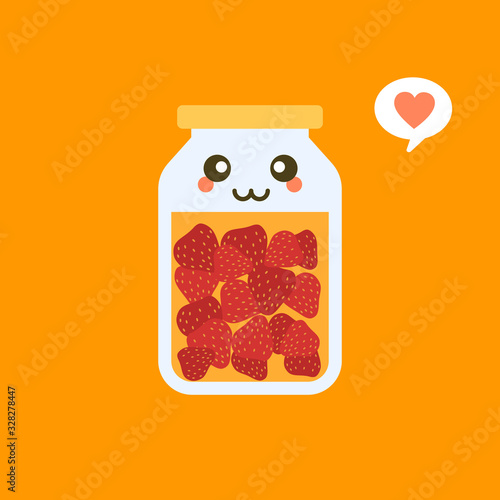 kawaii and cute strawberry in jar. Canned fruits. Tinned goods product stuff, preserved food, supplied in a sealed can. Isolated. Vector flat illustration.  Flat design style for your mascot branding.