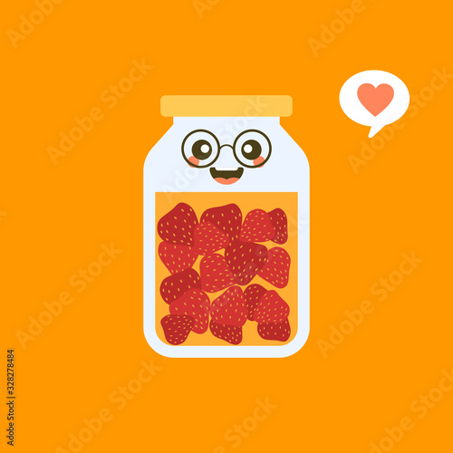 kawaii and cute strawberry in jar. Canned fruits. Tinned goods product stuff, preserved food, supplied in a sealed can. Isolated. Vector flat illustration.  Flat design style for your mascot branding.