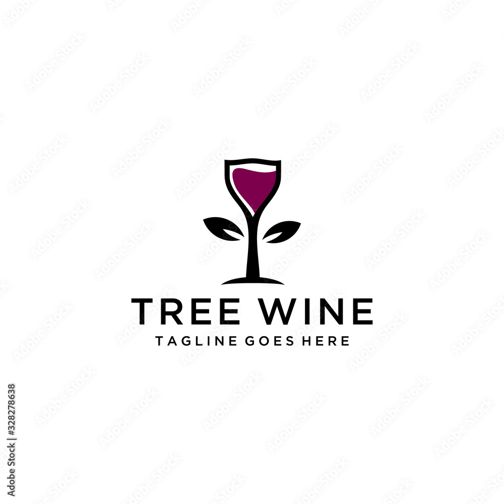 Creative illustration modern wine like a tree with leaves logo design vector template 