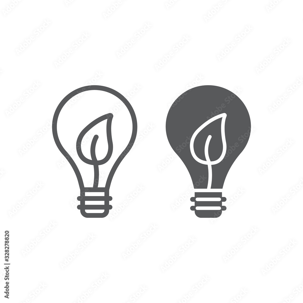 Eco energy line and glyph icon, technology and ecology, light bulb with leaf sign, vector graphics, a linear pattern on a white background, eps 10. Eco energy line and glyph icon, technology and ecology, light bulb with leaf sign, vector graphics, a linear pattern on a white background, eps 10.