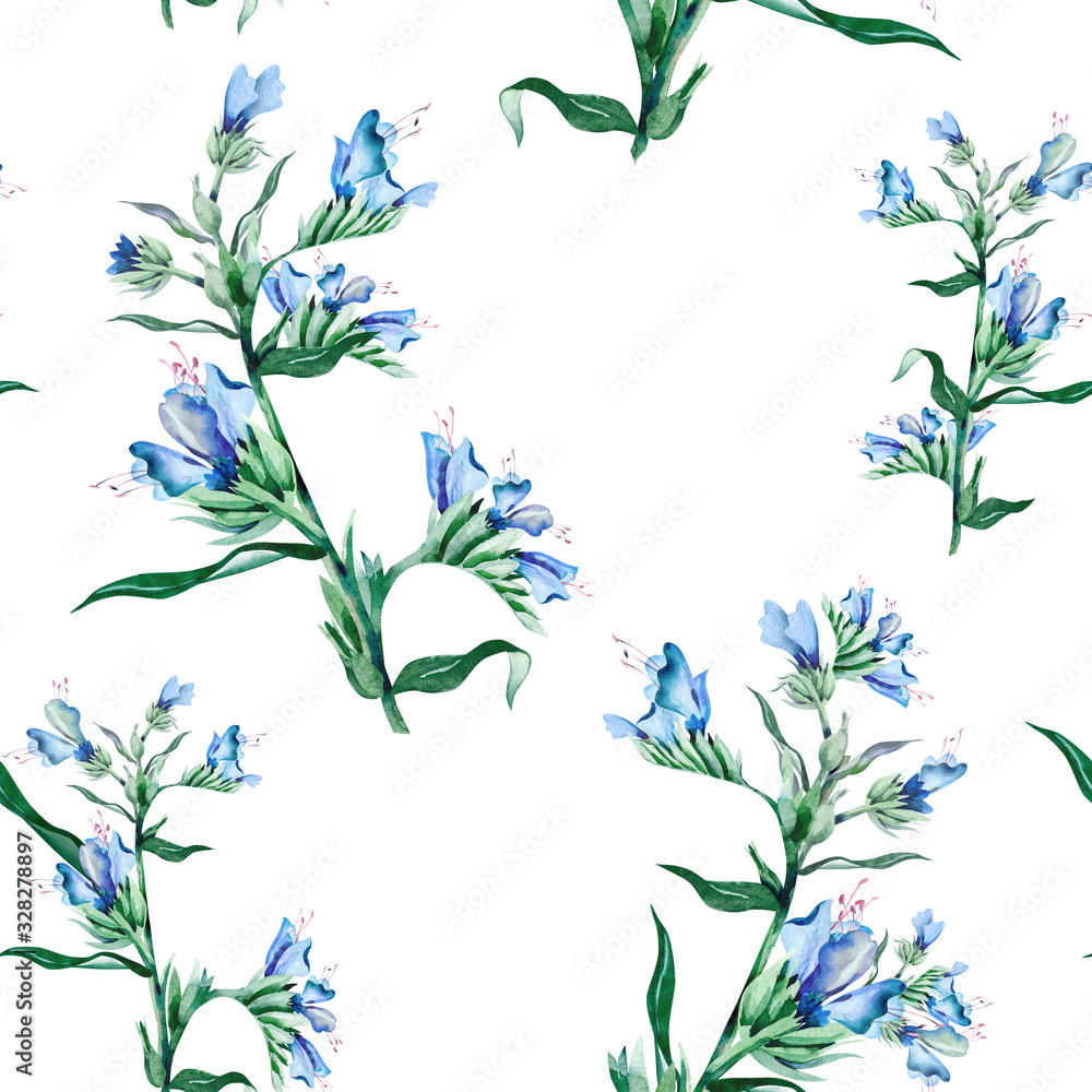 Blueweed Flower Seamless Pattern. Watercolor Illustration.