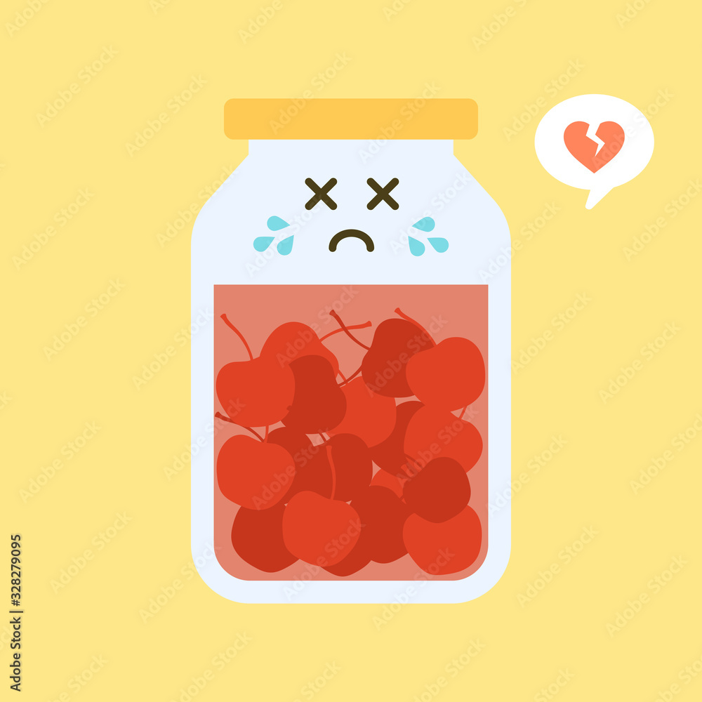 kawaii and cute cherry in jar. Canned fruits. Tinned goods product stuff, preserved food, supplied in a sealed can. Isolated. Vector flat illustration. Flat design style for your mascot branding. kawaii and cute cherry in jar. Canned fruits. Tinned goods product stuff, preserved food, supplied in a sealed can. Isolated. Vector flat illustration. Flat design style for your mascot branding.