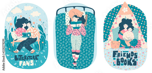Book literature friends, book day cards, flat cartoon vector illustration.