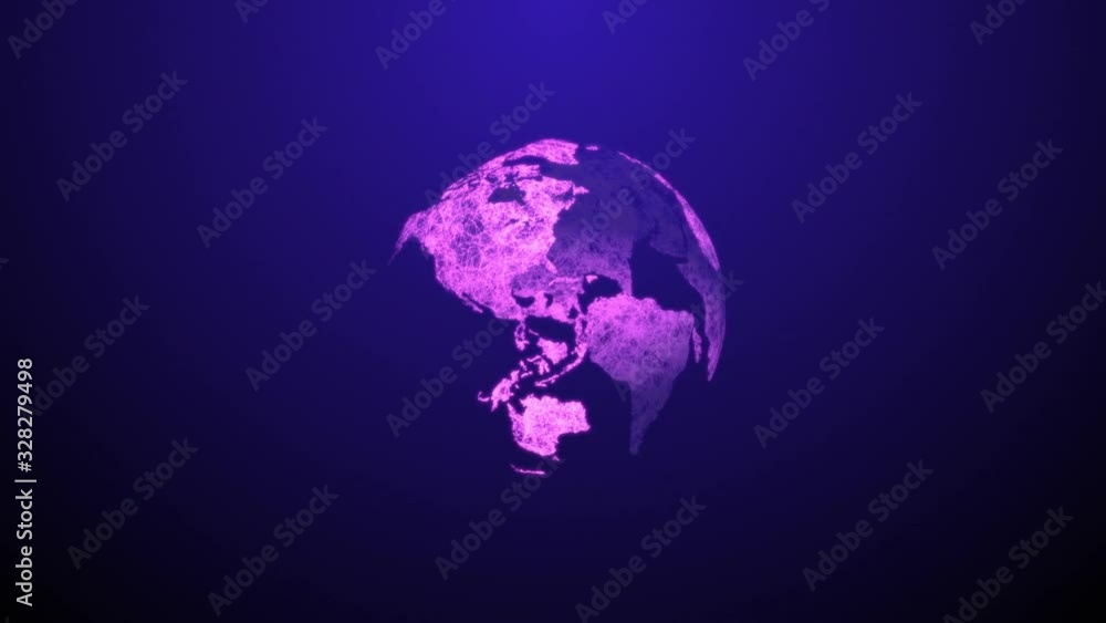 The planet earth rotates at an angle. Plexus effect. The purple planet. The emptiness inside. Looped animation video footage. 4K.