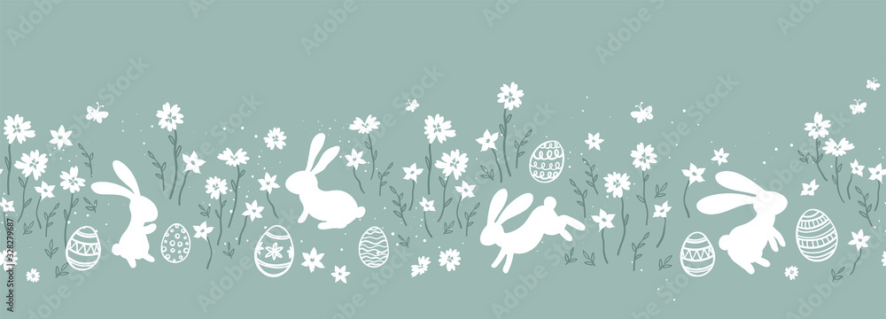 Fototapeta premium Cute hand drawn easter eggs horizontal seamless pattern, fun easter decoration, great for banners, wallpapers, cards - vector design