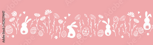 Photo Cute hand drawn easter eggs horizontal seamless pattern, fun easter decoration,