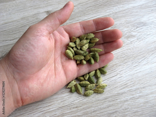 Pods of green cardamom in male hands on wooden background. Dry aroma cardamon on man hand.