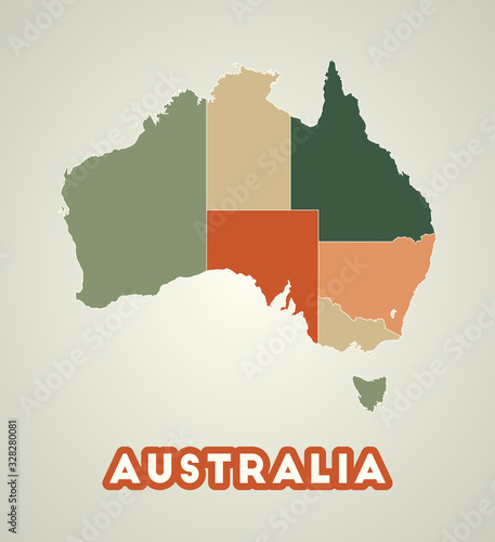 Australia poster in retro style. Map of the country with regions in autumn color palette. Shape of Australia with country name. Modern vector illustration.