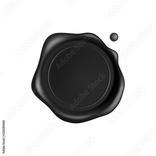 Black wax seal. Black stamp wax seal with drops isolated on white background. Realistic guaranteed stamps. Realistic 3d vector icon