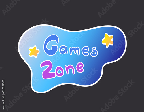 Games Zone sign on gradient blue background hand drawn lettering. Kids zone design for supermarket, shopping mall. Bright colorful emblem logo template. Stock vector illustration in vibrant colors.