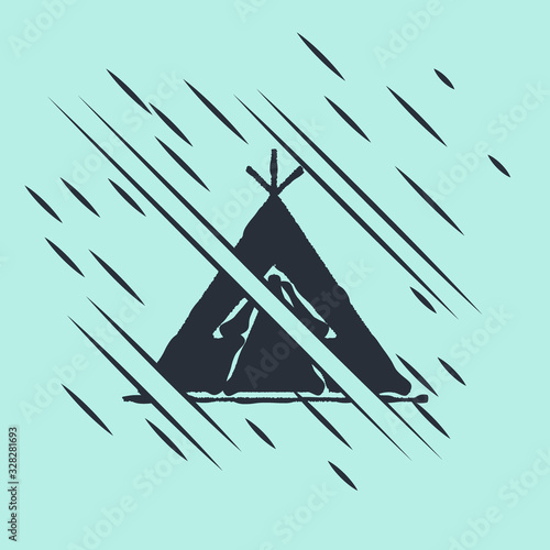 Black Traditional indian teepee or wigwam icon isolated on green background. Indian tent. Glitch style. Vector Illustration