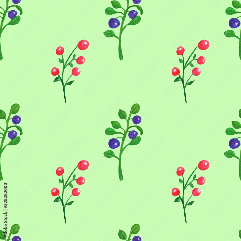 Seamless pattern of branches with forest berries cranberries and blueberries. Watercolor hand drawn illustration