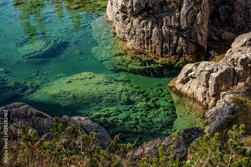 Green watercolor of mountain lake at Seven lakes valley, Bohinj