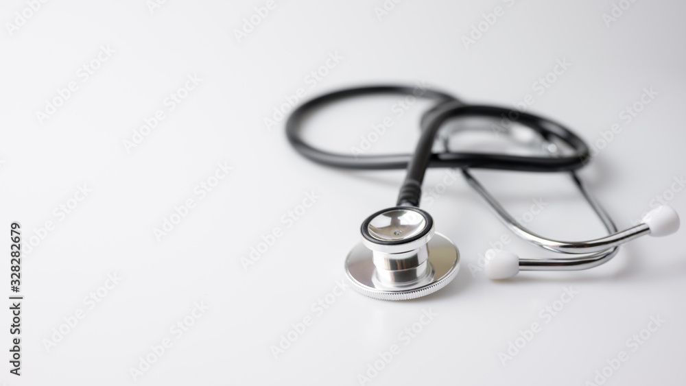 Black stethoscope for doctor diagnostic coronavirus disease, medical tool for health on white background with copy space Black stethoscope for doctor diagnostic coronavirus disease, medical tool for health on white background with copy space