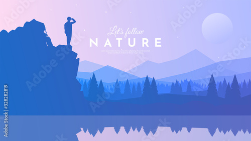 Traveler standing looking on valley. The guy watches nature with backpack and travel walking sticks piled on a rock. Vector travel concept banner. Concept of discovery, exploration, hiking, adventure