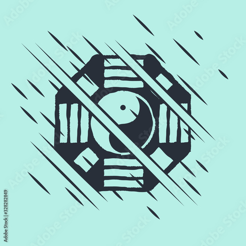 Black Yin Yang symbol of harmony and balance icon isolated on green background. Glitch style. Vector Illustration