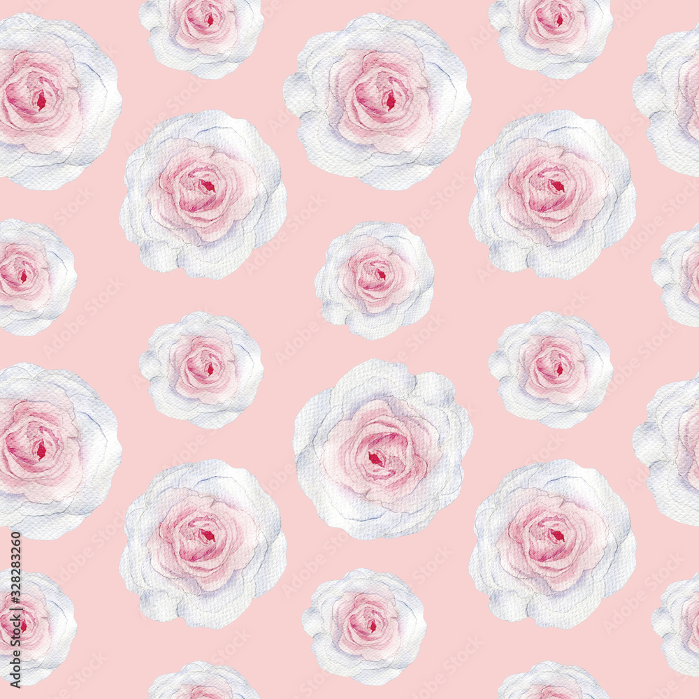 Pink watercolor roses on pink background. Gentle seamless pattern. Floral texture for wedding decoration, fabric, textile design, wrapping paper, wallpaper. Hand drawn elements Pink watercolor roses on pink background. Gentle seamless pattern. Floral texture for wedding decoration, fabric, textile design, wrapping paper, wallpaper. Hand drawn elements