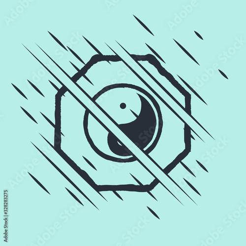 Black Yin Yang symbol of harmony and balance icon isolated on green background. Glitch style. Vector Illustration