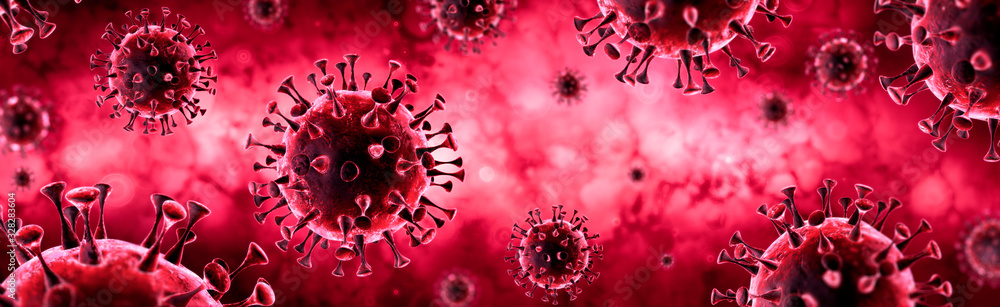 Fototapeta Covid-19 - Coronavirus In Red Background - Virology Concept - 3d Rendering