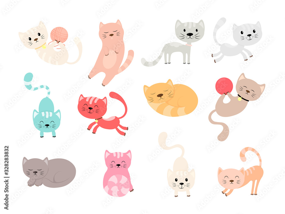 Set of different colored cats in different poses in a flat cartoon style.