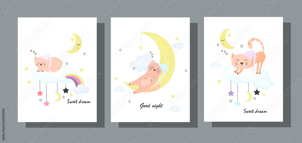 Set of night cards cute sleeping cat in a flat design. Baby backgrounds with clouds, stars, Moon and kitten. Set of night cards cute sleeping cat in a flat design. Baby backgrounds with clouds, stars, Moon and kitten.