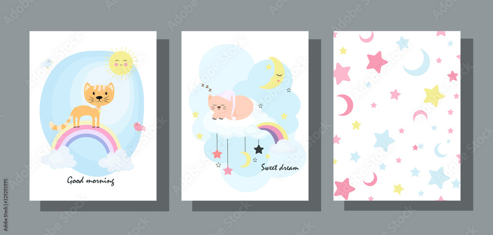 Set of children's cards with a cute cat in a flat design. Baby backgrounds with clouds, stars, moon and kitten.