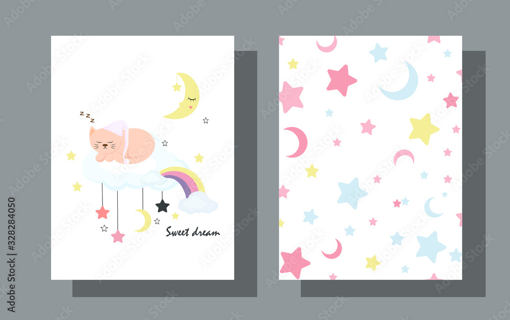 Postcards for sleep a cat in a hat sleeps on a cloud. Children's backgrounds with clouds, stars and the Moon Postcards for sleep a cat in a hat sleeps on a cloud. Children's backgrounds with clouds, stars and the Moon