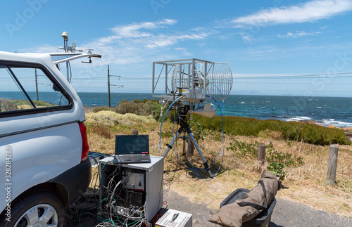 Western Cape, South Africa. Dec 2019. Experimenting with radar. A PhD students' construction of radar scanning equipment on the coast near Simon's Town, South Africa