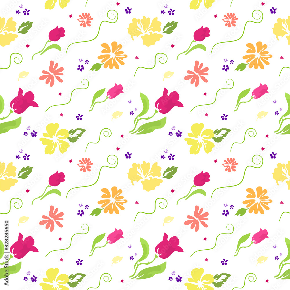Floral tender spring pattern with tulips and flowers. Vector illustration. Floral tender spring pattern with tulips and flowers. Vector illustration.