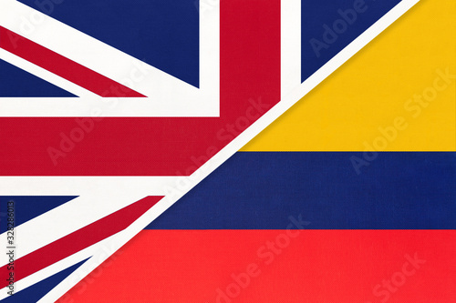 United Kingdom vs Colombia national flag from textile. Relationship between two european and american countries.