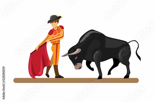 spanish traditional attraction bull and matador in cartoon flat illustration vector isolated in white background