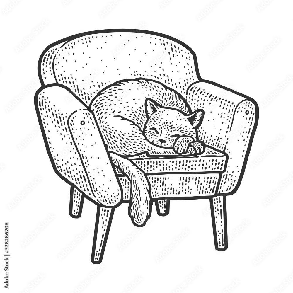 cat sleeping on a cozy armchair sketch engraving vector illustration. T ...